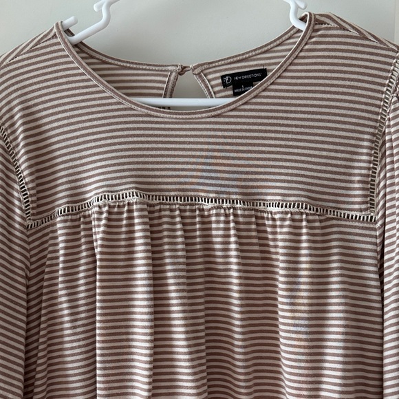 New Directions Brown Striped Blouse with Lace Trim - Picture 2 of 5